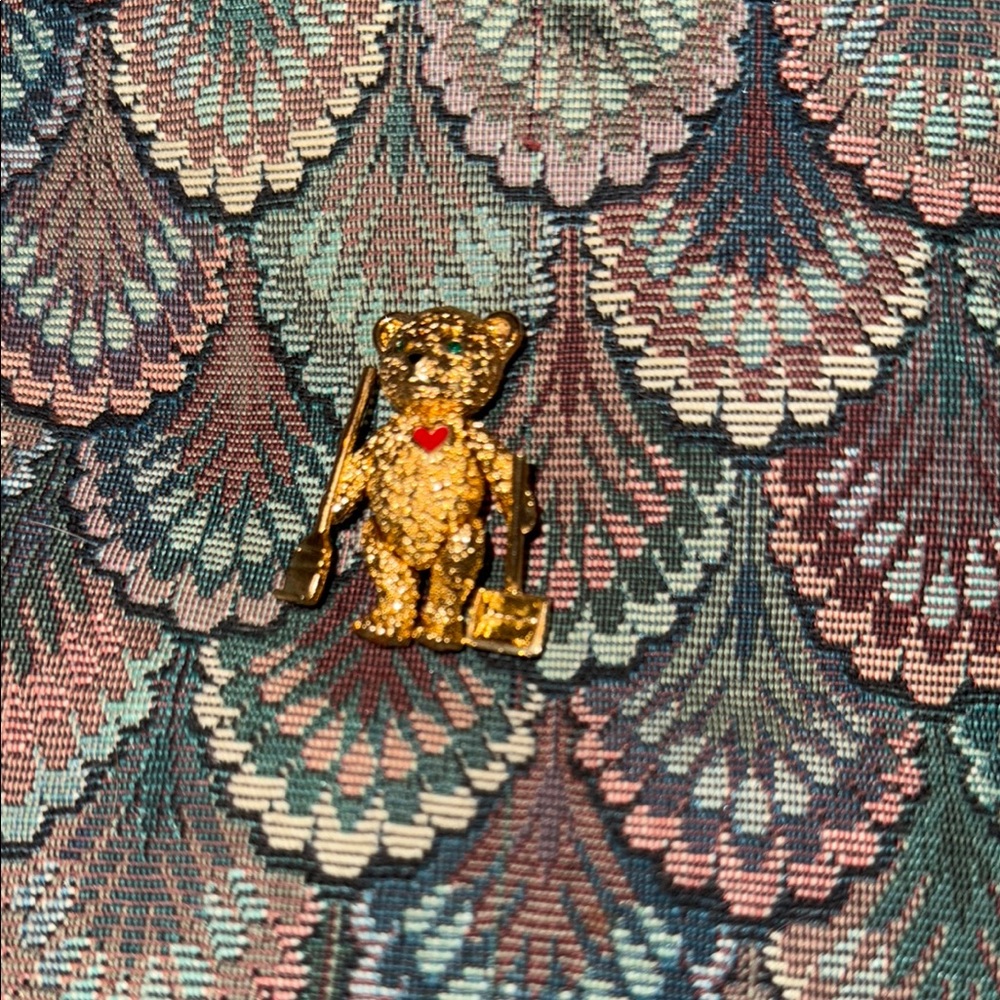 BATYA Articulated Janitor Teddy Bear Brooch Pendant Signed Jointed Gold Tone Vtg